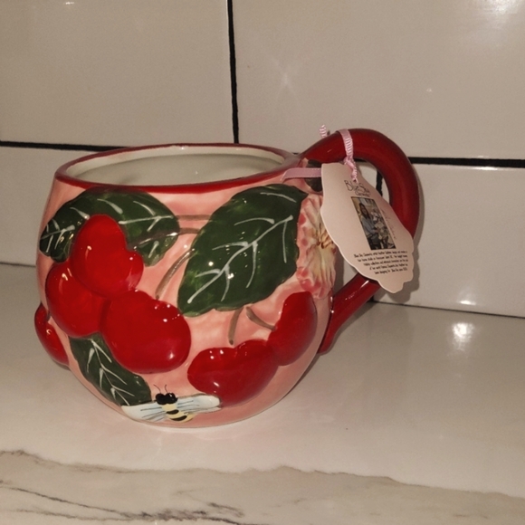 Blue Sky Clayworks Pink Cherries with Bee and Flowers Ceramic Mug NWT - Picture 1 of 5